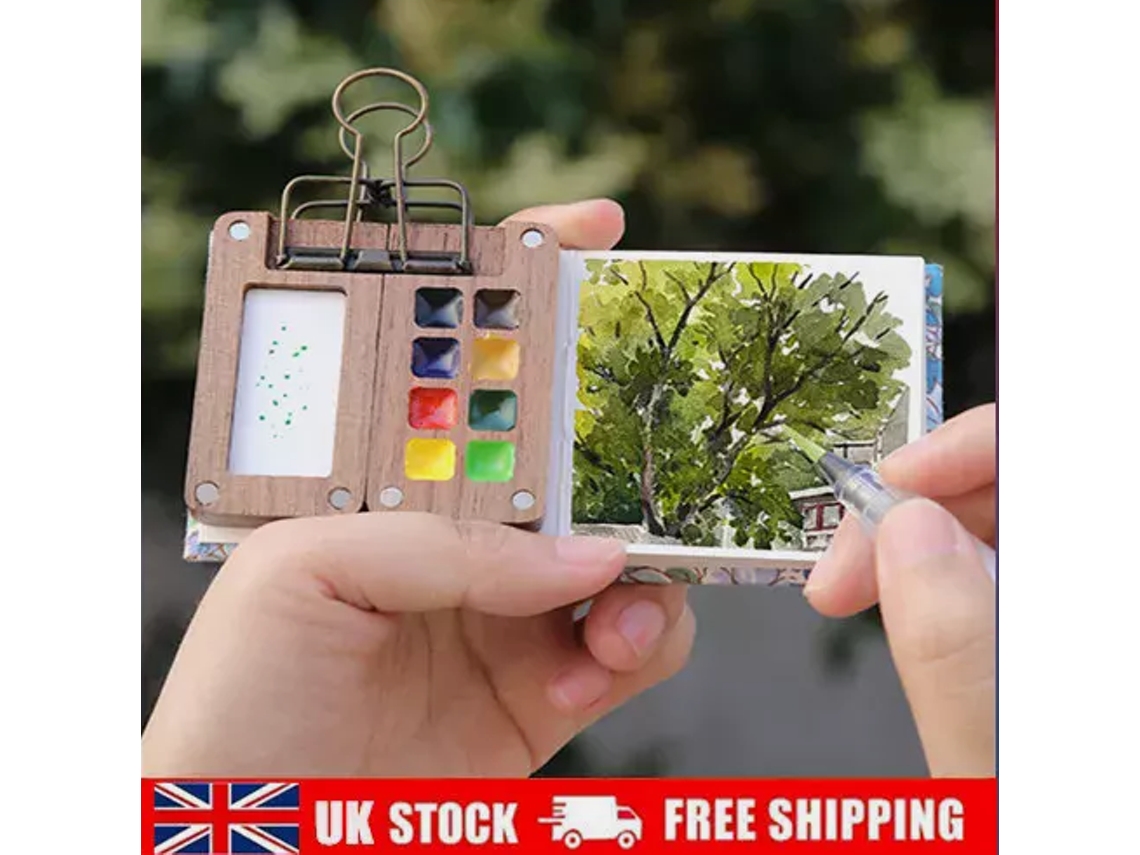 RNEMITERY Caja de Acuarelas Portátil Miniatura de Nuez 8 Colores con Paleta y Cuaderno de Bocetos