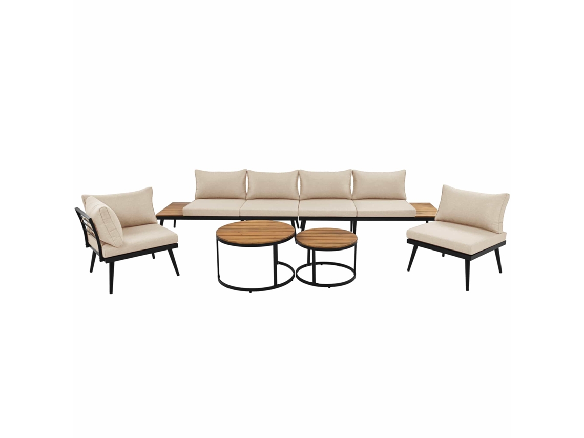Conjunto de sillas de jardín para 5-6 personas, 6 piezas, sofá, sillones y mesas, estructura de hierro galvanizado beige, MOBRIO
