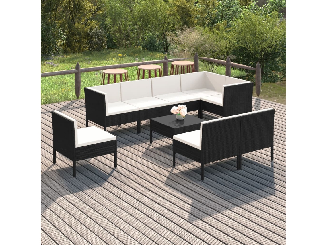 Conjunto de jardín de 9 piezas con cojines, mimbre sintético negro, DKD Home Decor