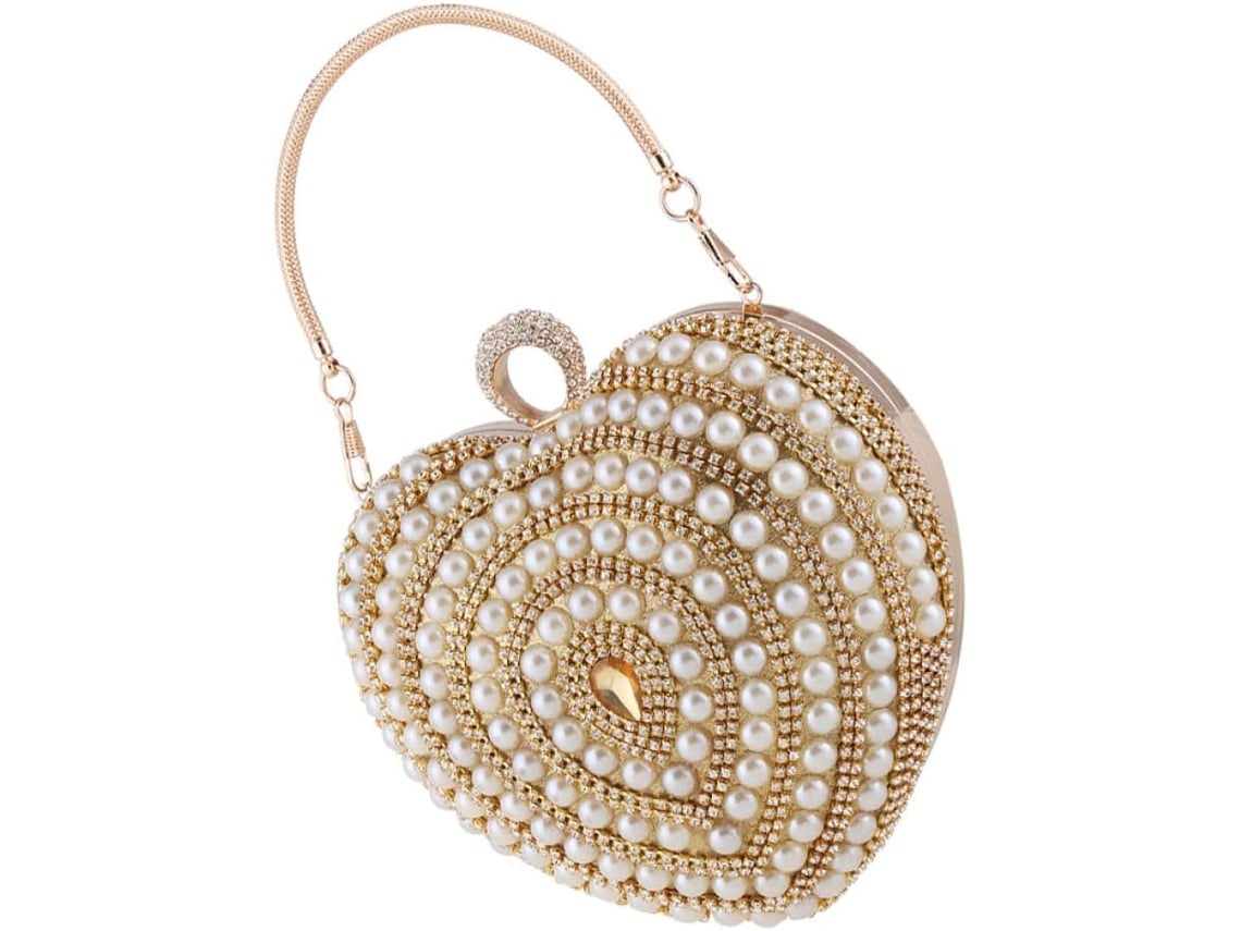 Elegante Bolso De Mano De Noche Con Forma De Corazón Y Pedrería, De Poliéster De Lujo Y Metal.