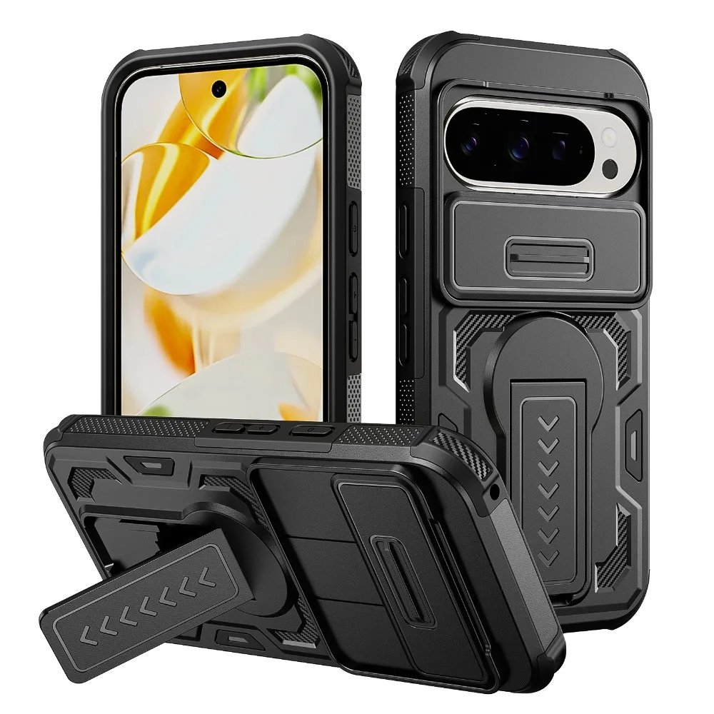 (negro, Google Pixel 9) A Prueba De Golpes Resistente Y Antideslizante Pc Funda De Teléfono, Soporte Plegable, Funda De Protección Contra Caídas