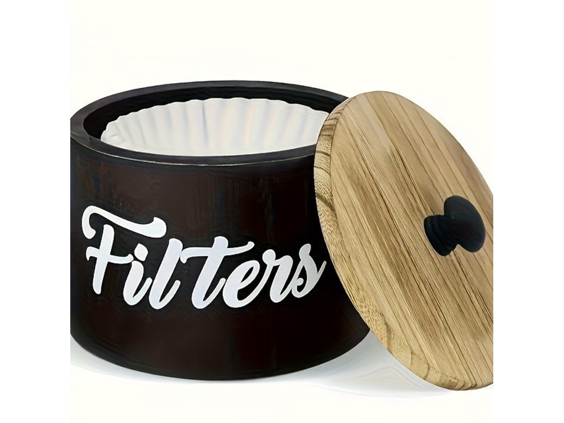 Cesta dispensadora de madera rústica con tapa, ideal para almacenamiento y decoración de barra de café.