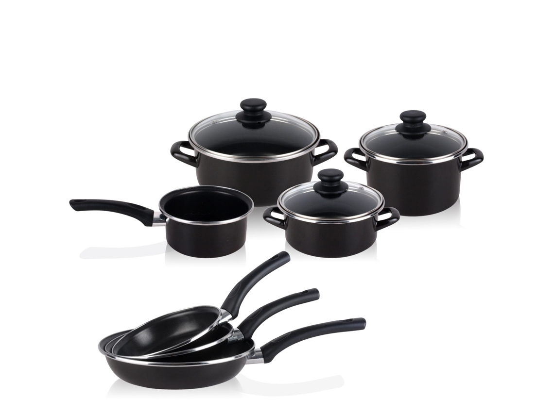 Bateria De Cocina 7 Piezas + Set Juego 3 Sartenes 18-20-24cm, Acero Vitrificado 820ºc, Libre Pfoa Magefesa Kenia Negro