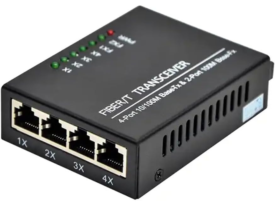 Convertidor De Medios De Fibra Óptica 10/100 De 2 Puertos, 4 Puertos Rj45, 1310 Nm/1550 Nm, Monomodo Simplex, 20 Km, Conector Sc, Enchufe Europeo.