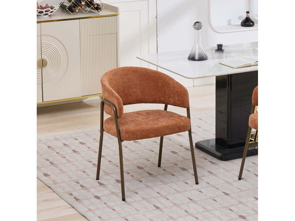 Silla De Comedor Moderna De Chenilla Con Brazos De Latón Naranja Antiguo.