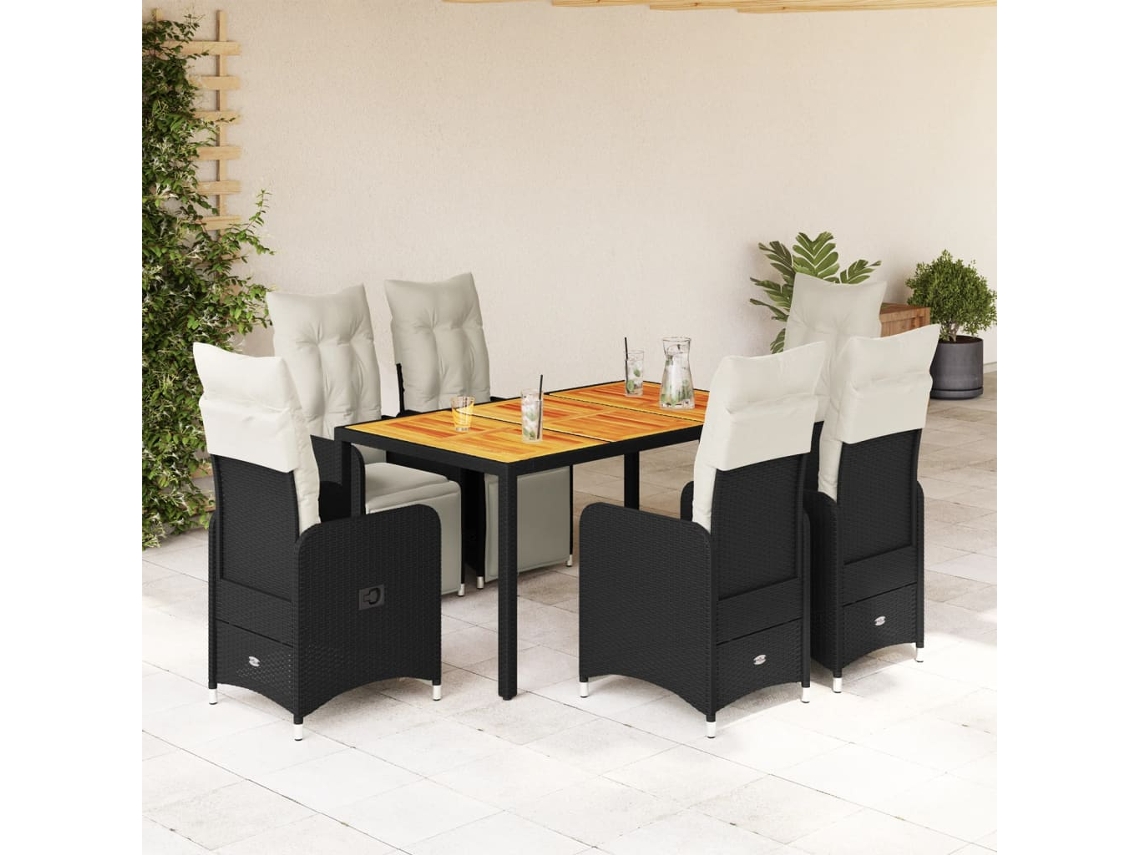 Conjunto de bistró de jardín de 7 piezas con cojines de mimbre negros de DKD Home Decor