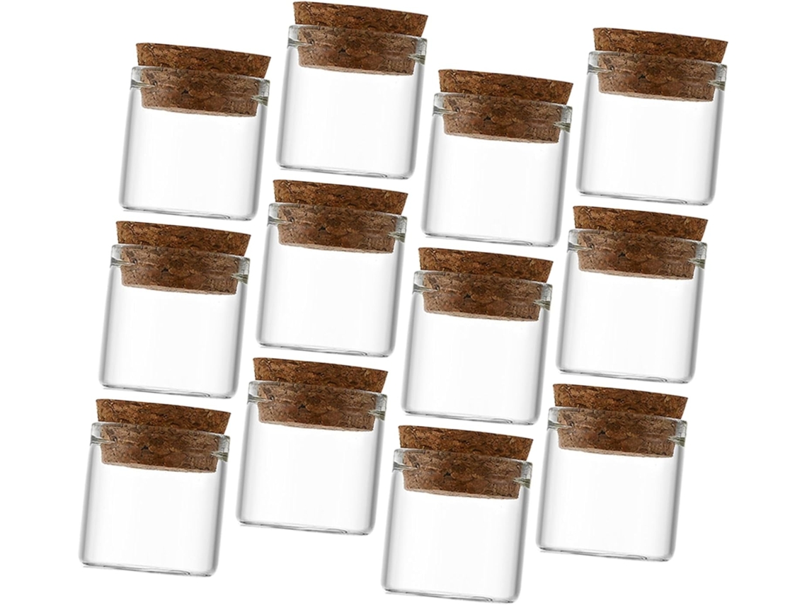 Juego de 12 botellas de vidrio vacías con tapones de madera, ideales para almacenamiento.