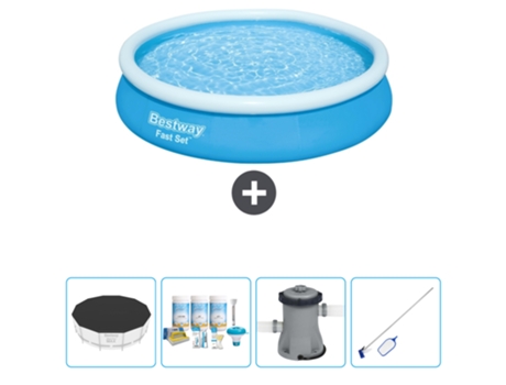 Piscina Hinchable Redonda Fast Set BESTWAY - 366 x 76 cm - Azul - Incluida Cubrir - Paquete de mantenimiento - Bomba - kit de limpieza