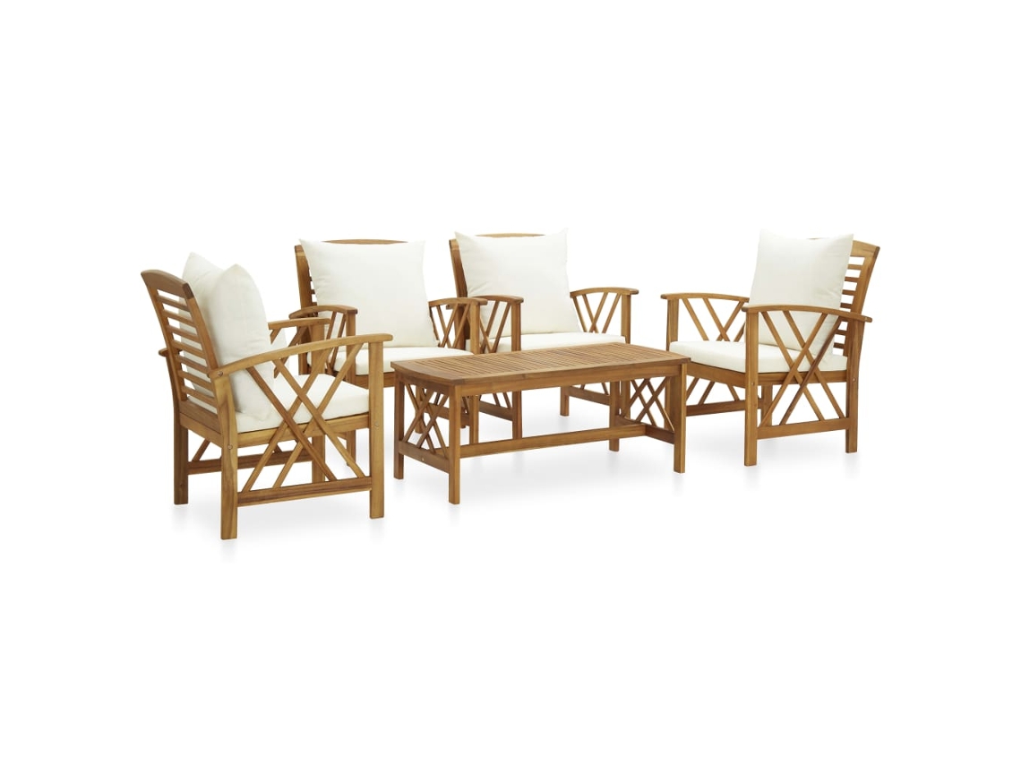 Conjunto 5 Peças Garden Lounge Con Almofadões Acácia Maciça Dkd Home Decor