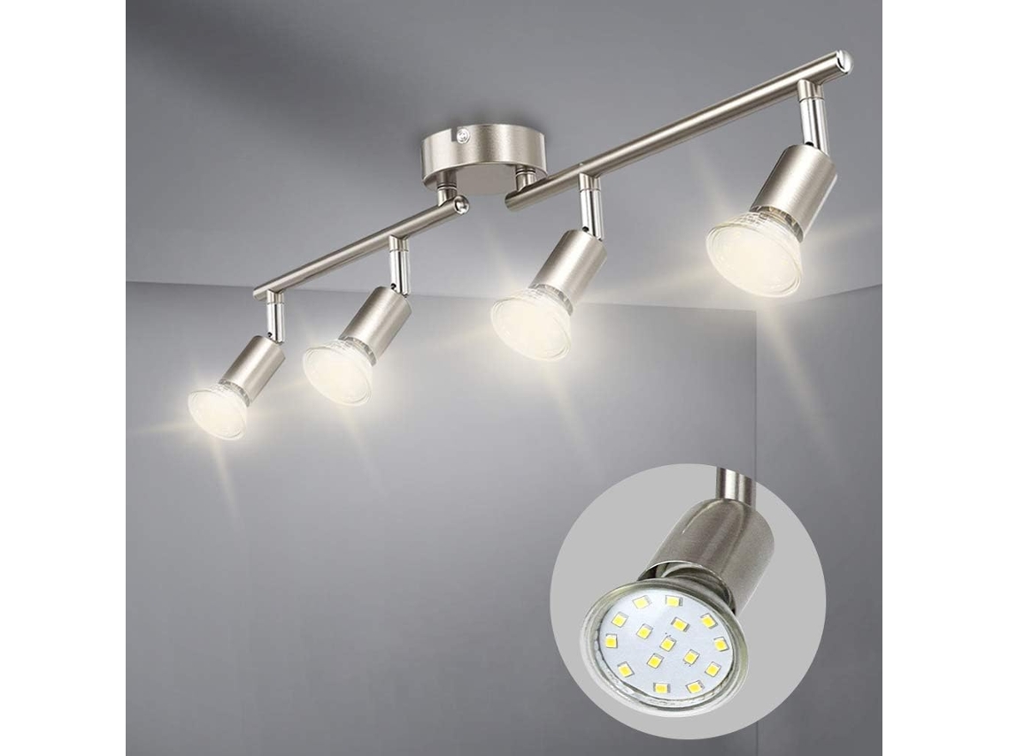 Kit de iluminación LED para riel con focos de techo giratorios en acabado níquel mate para interiores secos, con luz blanca cálida y brillo intenso.