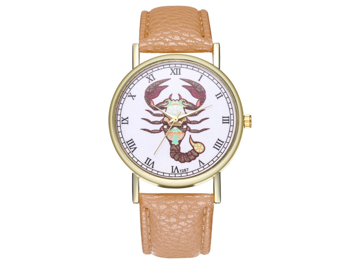 Reloj De Cuarzo Con Correa De Cuero Y Dial De Escorpio 12 Constelaciones Universal Único Beige