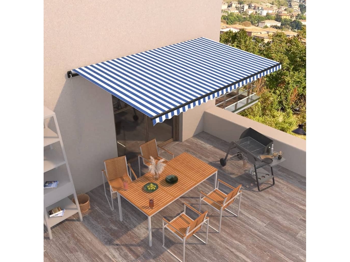 Toldo retráctil manual 500x350 cm azul y blanco Dkd Home Decor