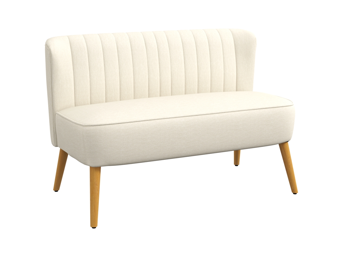 Sofá De 2 Plazas En Tela Efecto Lino Sin Reposabrazos Con Patas De Madera, 117x56,5x77 Cm, Blanco Crema.