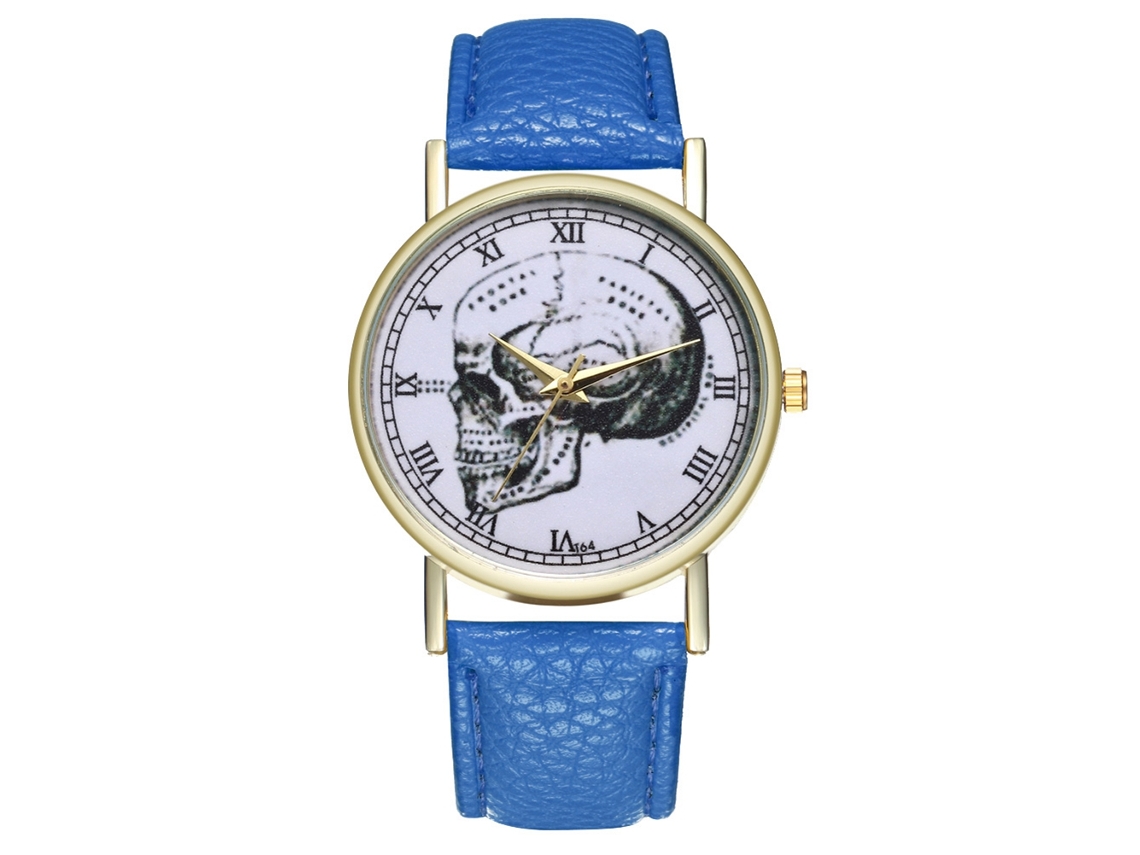 Reloj De Pulsera Unisex De Moda Con Correa De Piel Sintética, Estampado De Calavera, Números Romanos, Azul Real.