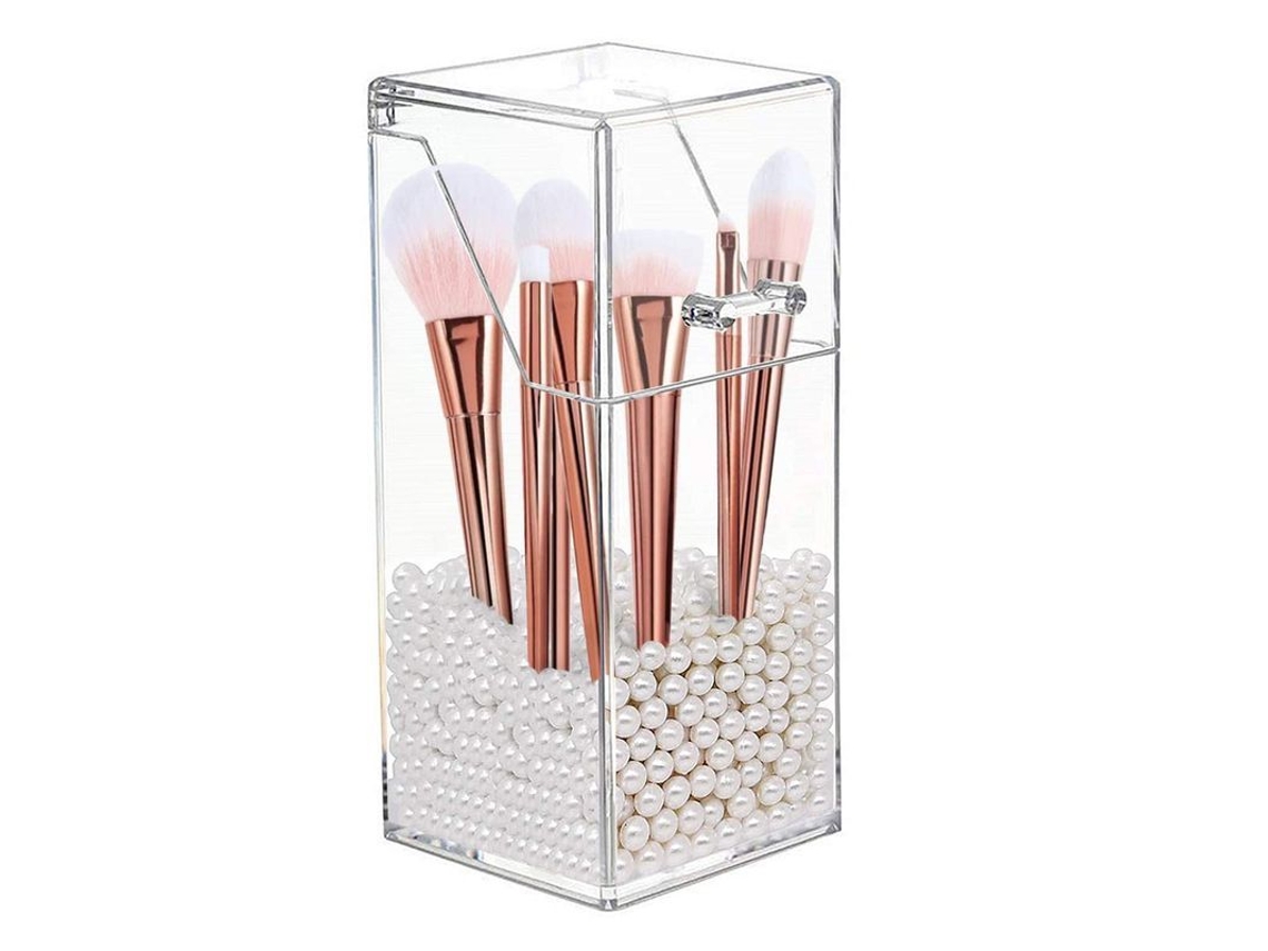 Organizador Cuadrado Transparente Para Brochas De Maquillaje Con Tapa Y Perlas.