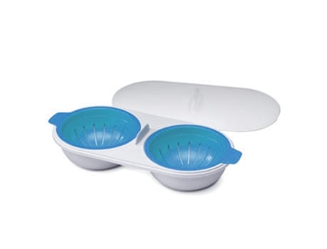 Escalfador de huevos doble para microondas, conjunto de caldera de huevo de drenaje de silicona comestible de 2 cavidades - azul