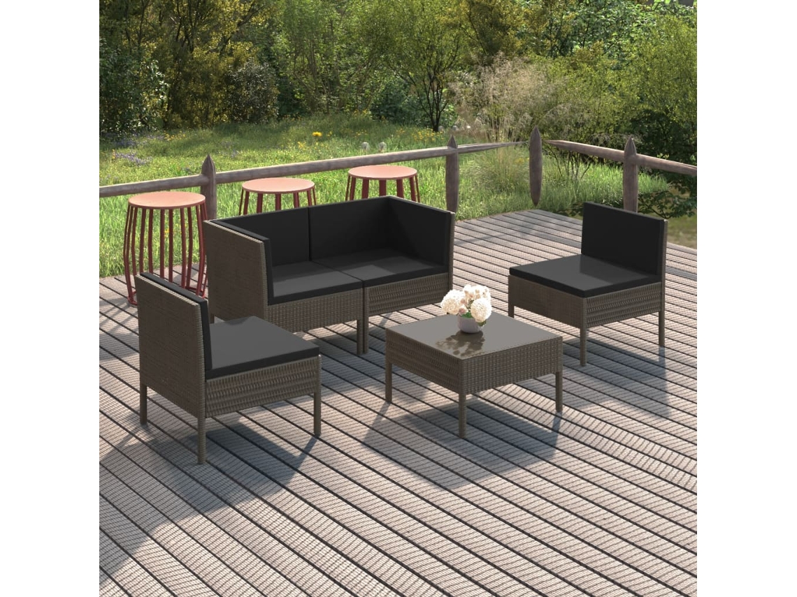 Conjunto de jardín de 5 piezas con cojines, ratán gris, DKD Home Decor