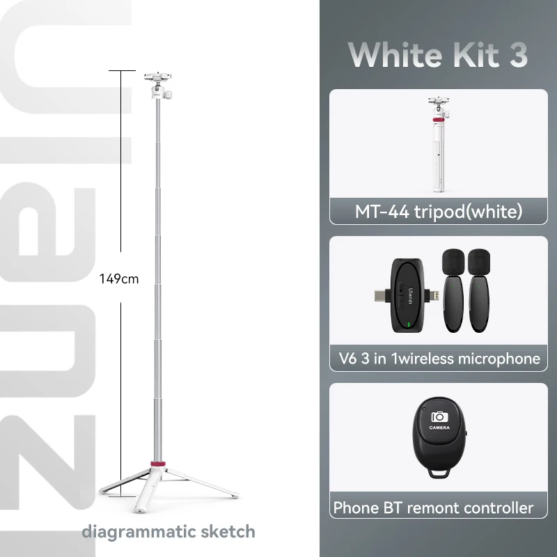 Trípode extensible para transmisión en vivo MT-44, 106,7 cm, con soporte para teléfono móvil, grabación vertical, para teléfonos móviles y DSLR, kit de 3 piezas, blanco