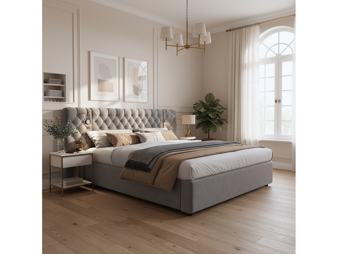 Cama De Terciopelo De 180x200 Con Cabecero Iluminado Con Led.