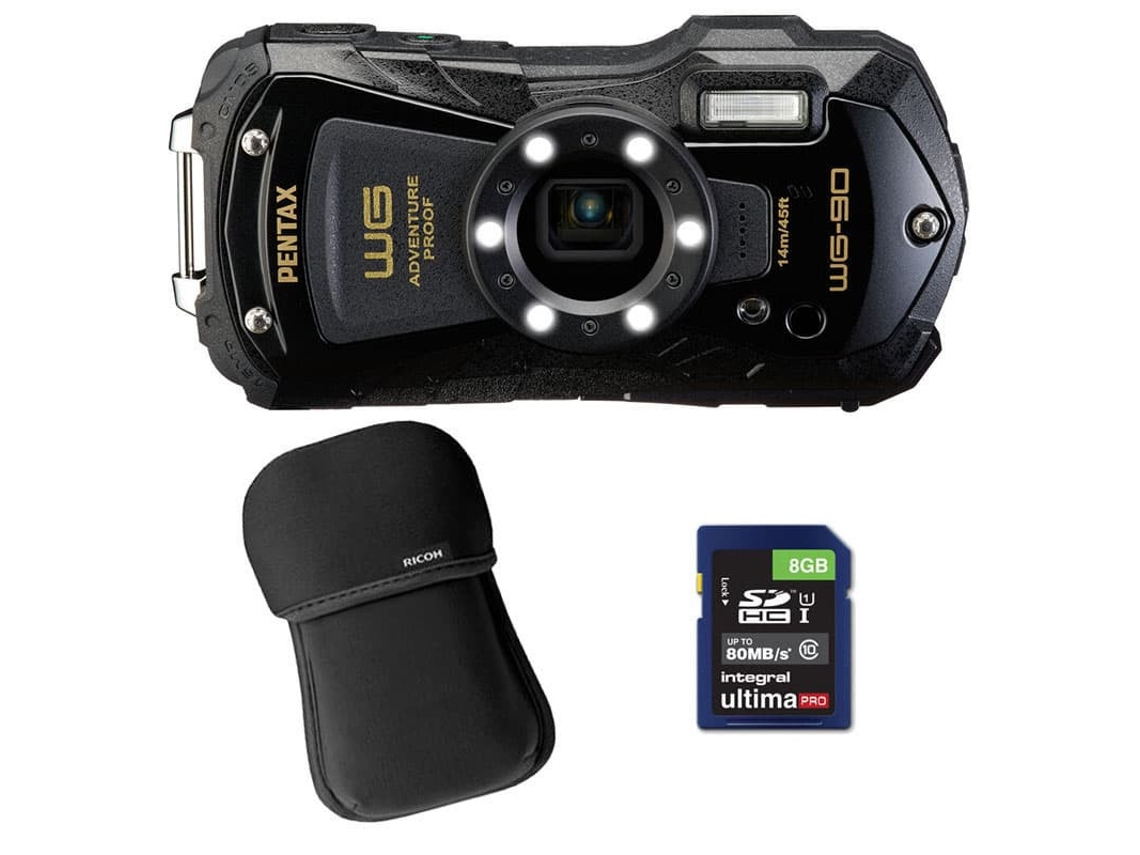 Cámara Compacta Resistente Al Agua Pentax Wg-90 Negra + Funda + Tarjeta Sd De 8 Gb
