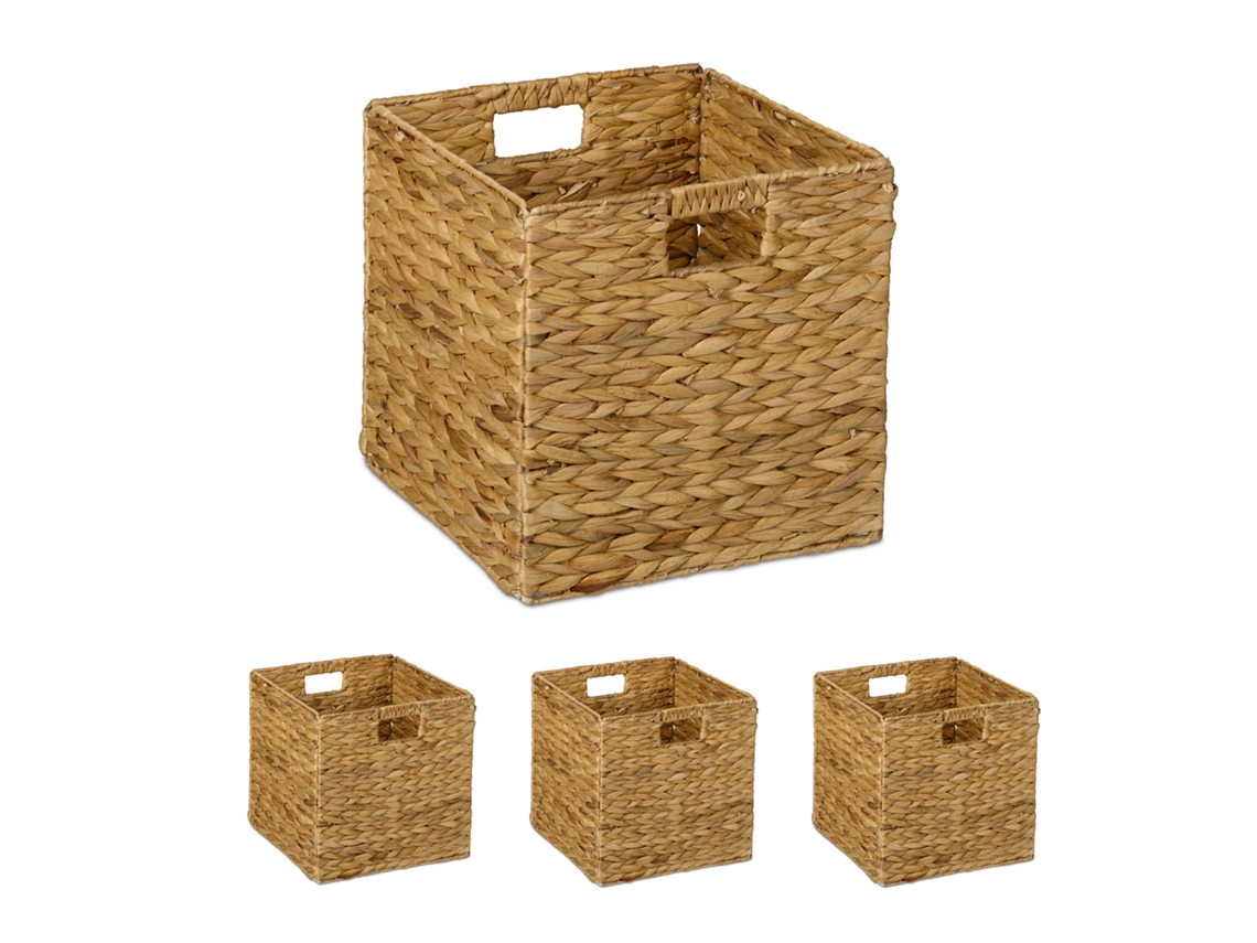 Relaxdays Cesta Almacenaje, Set De 4, Jacinto De Agua, Ropa, Juguetes, 30x30x30 Cm, Cestita Trenzada Estantería, Natural