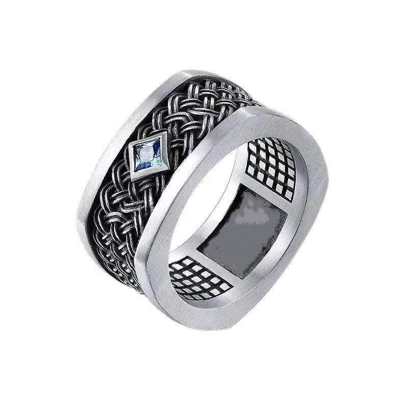 Anillo Cuadrado Para Hombre Con Piedra Preciosa Azul Y Banda Ajustable Con Diseño Tejido.