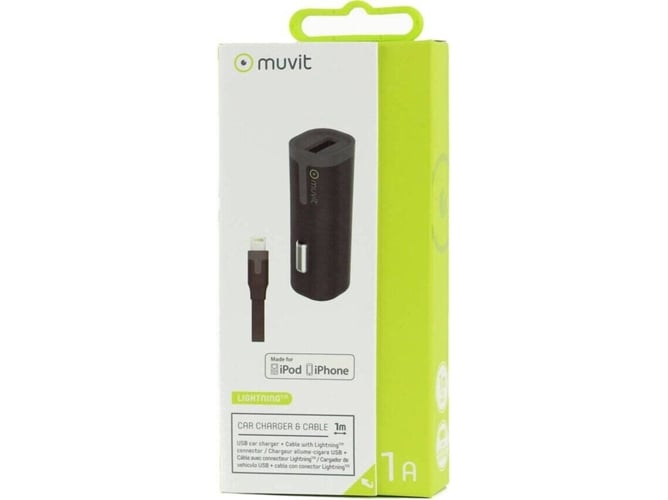 Pack MUVIT Cargador Auto USB Negro 1A + Cable Lightning MFI 1A 1M