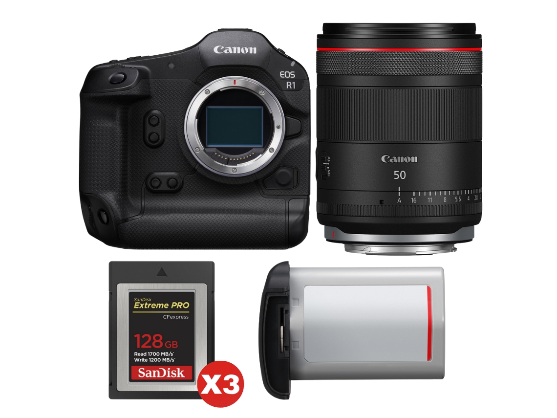 Canon EOS R1 + RF 50mm F/1.4 L VCM + 3 Sandisk 128GB Extreme Pro CFExpress Tipo B + Canon LP e19 + Libro electrónico “20 consejos para fotos impresionantes”