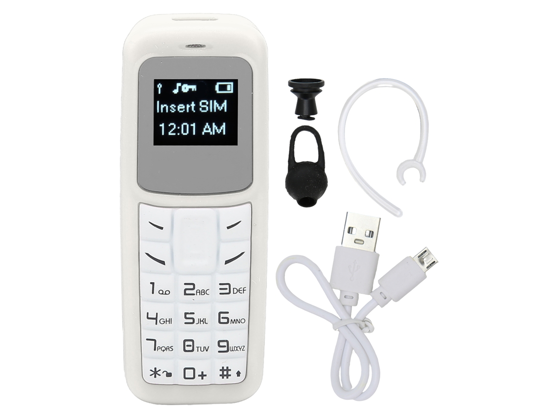 Mini teléfono móvil 2026 con auriculares Bluetooth, compatible con SIM, 0,66 pulgadas, blanco.