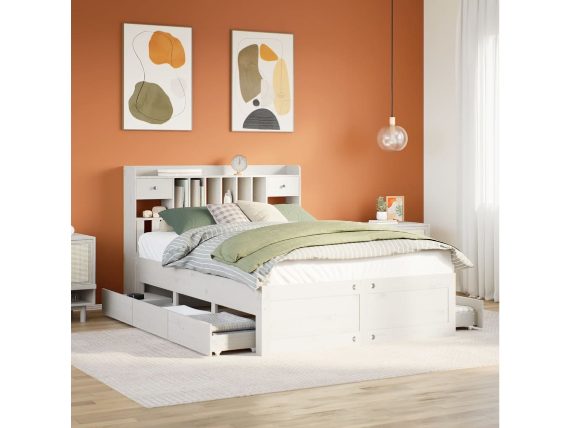 Cama Con Estantería Sin Colchón Madera Maciza Blanca 140x200 Cm
