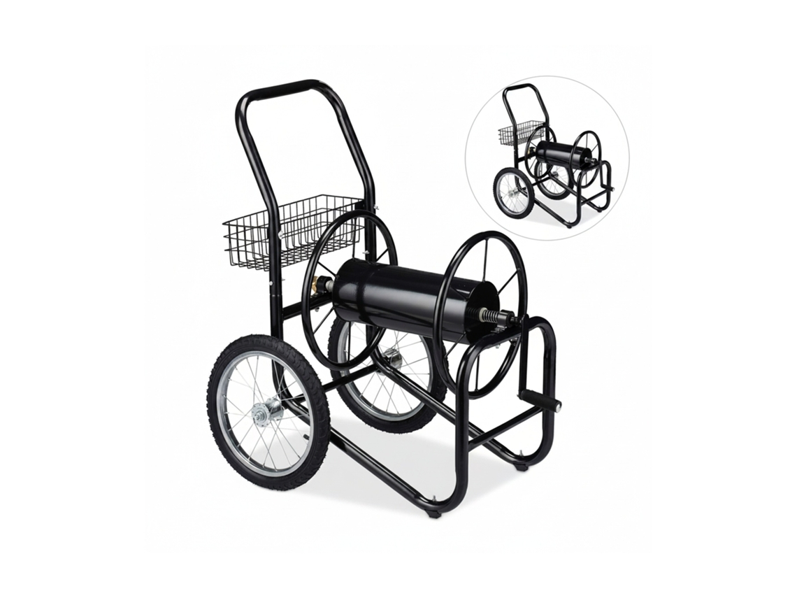 Relaxdays Carro Para Manguera De Regar, Carrete Portátil Para Jardín, Con 2 Ruedas, Hasta 90 M, Metal, 1 Ud., Negro