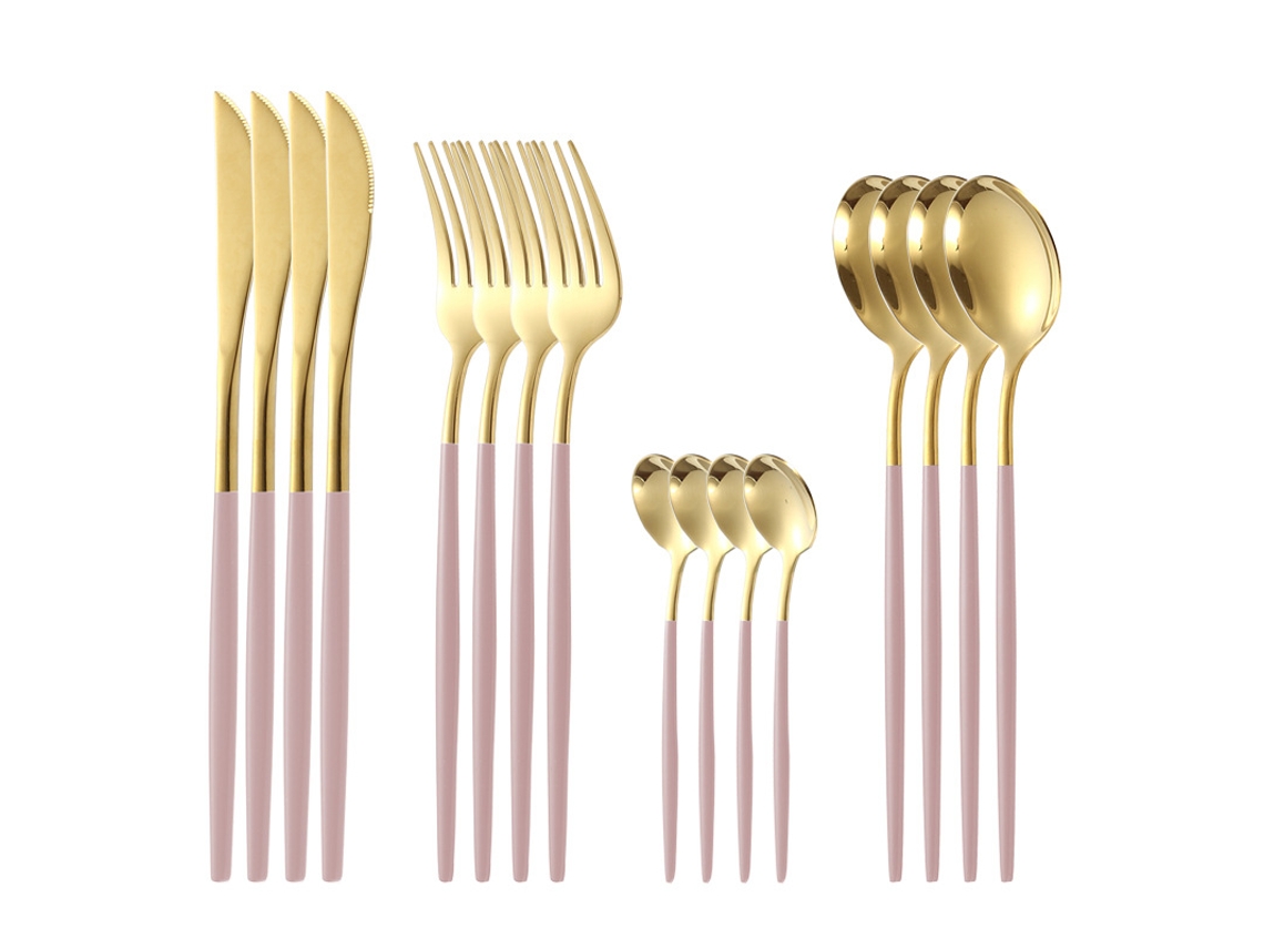 Conjunto de Talheres de Aço Inoxidável 16 Peças para Restaurante Familiar-Rosa 