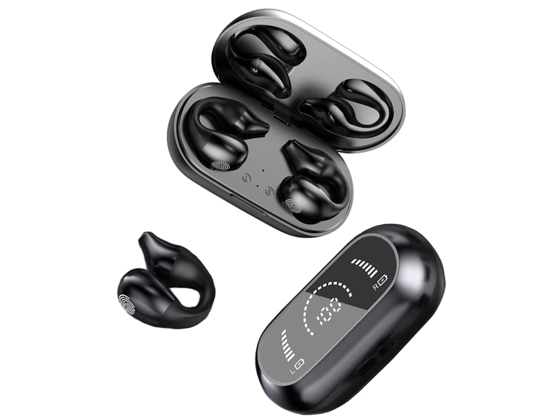 Auriculares deportivos inalámbricos, auriculares de conducción ósea, auriculares inalámbricos Bluetooth 5.2 de oído abierto con clip y pantalla dual