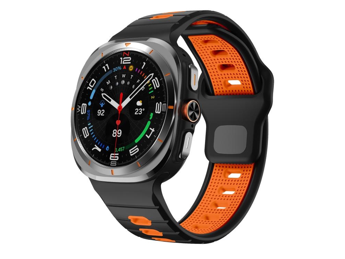 Bracelete Para Samsung Galaxy Watch Ultra - Silicone Com Listras Horizontais E Fivela Reversa (47mm) - Preto E Laranja