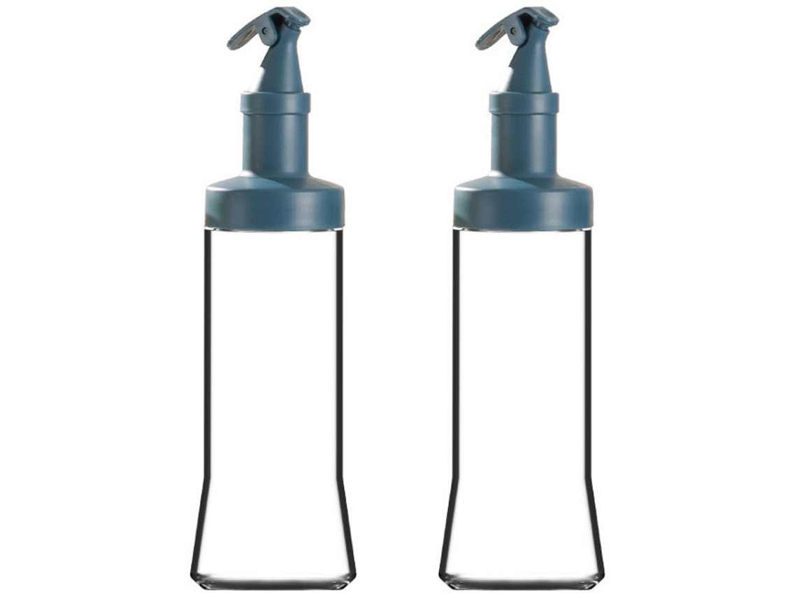 Moderno dispensador de aceite y vinagre de vidrio con abertura ancha, fácil de llenar y limpiar.