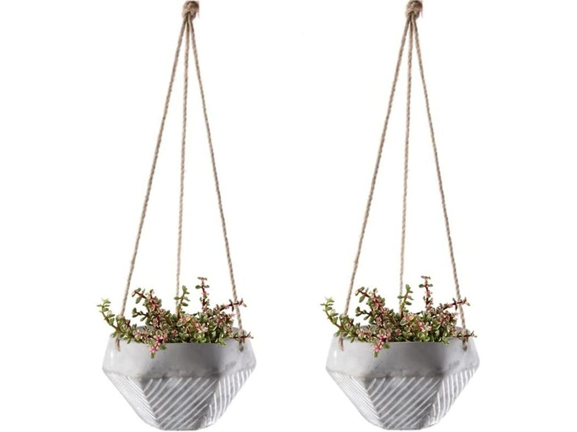 Juego De 2 Macetas Colgantes De Cemento Con Cuerda De Caña Ajustable Para Plantas De Interior (8x13cm)