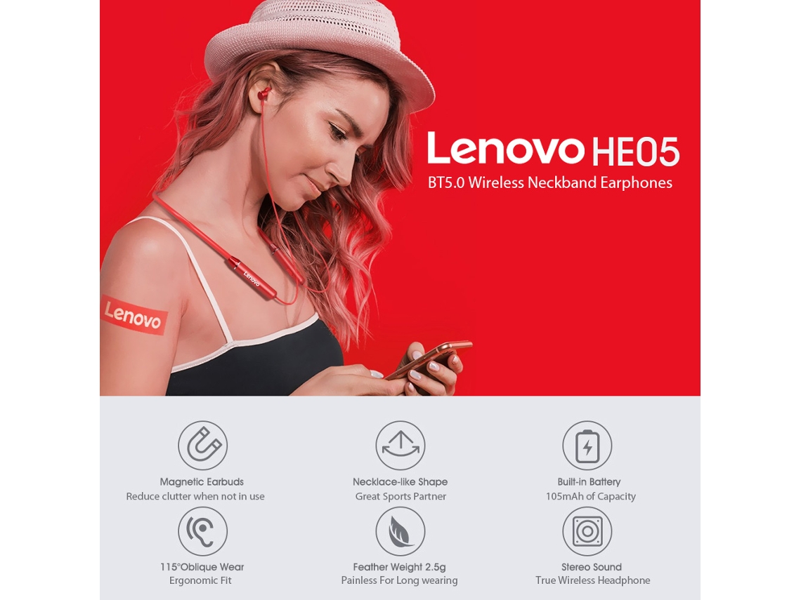 Fones De Ouvido Lenovo He05 Bt5.0 Sem Fio Com Microfone Antiporos Para Esportes Corrida Compatível Com Iphone Huawei Samsung Xiaomi