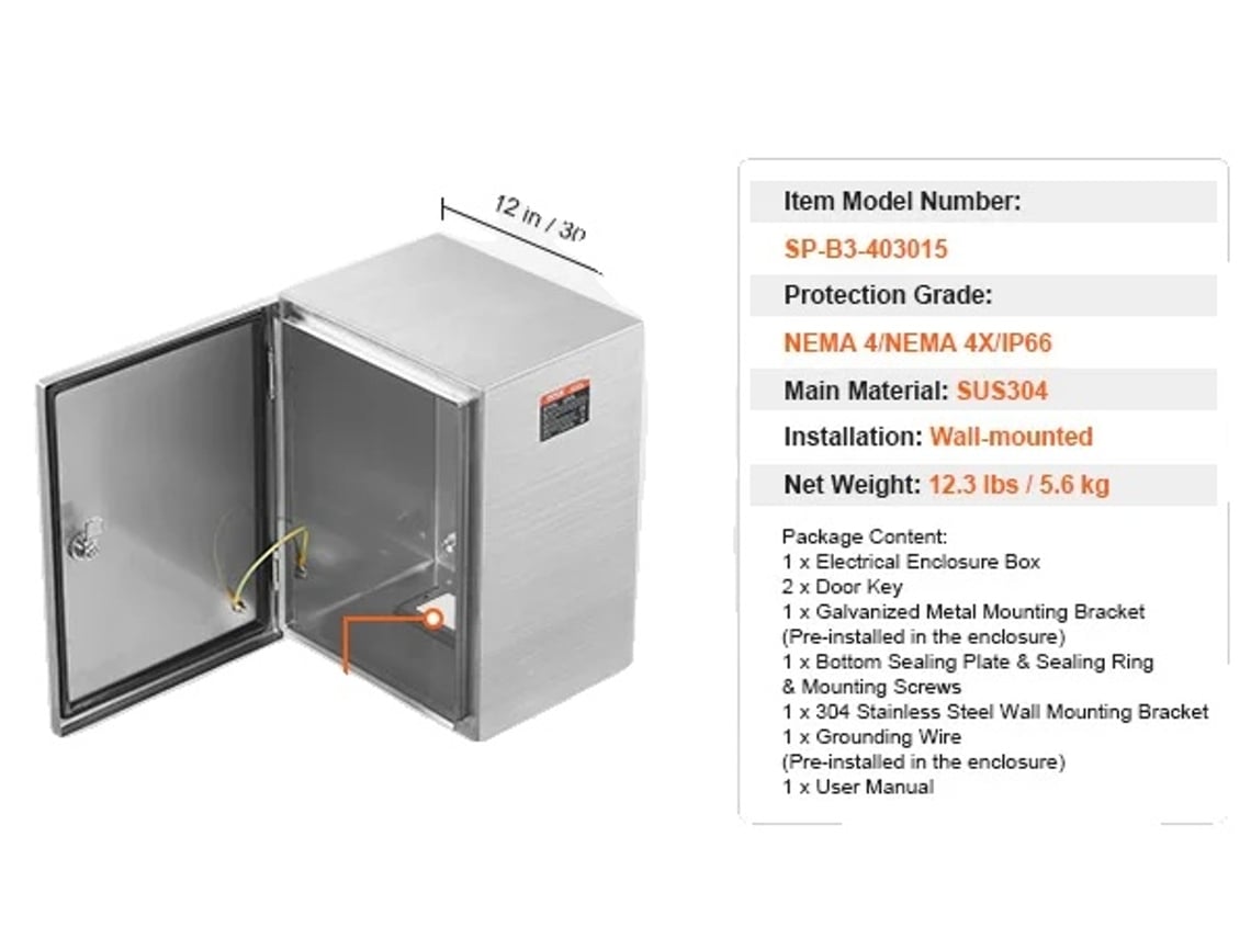 Caja eléctrica de acero, resistente al agua IP66, fabricada en acero inoxidable 304, con múltiples opciones de tamaño, 40 x 30 x 15 cm, OEM