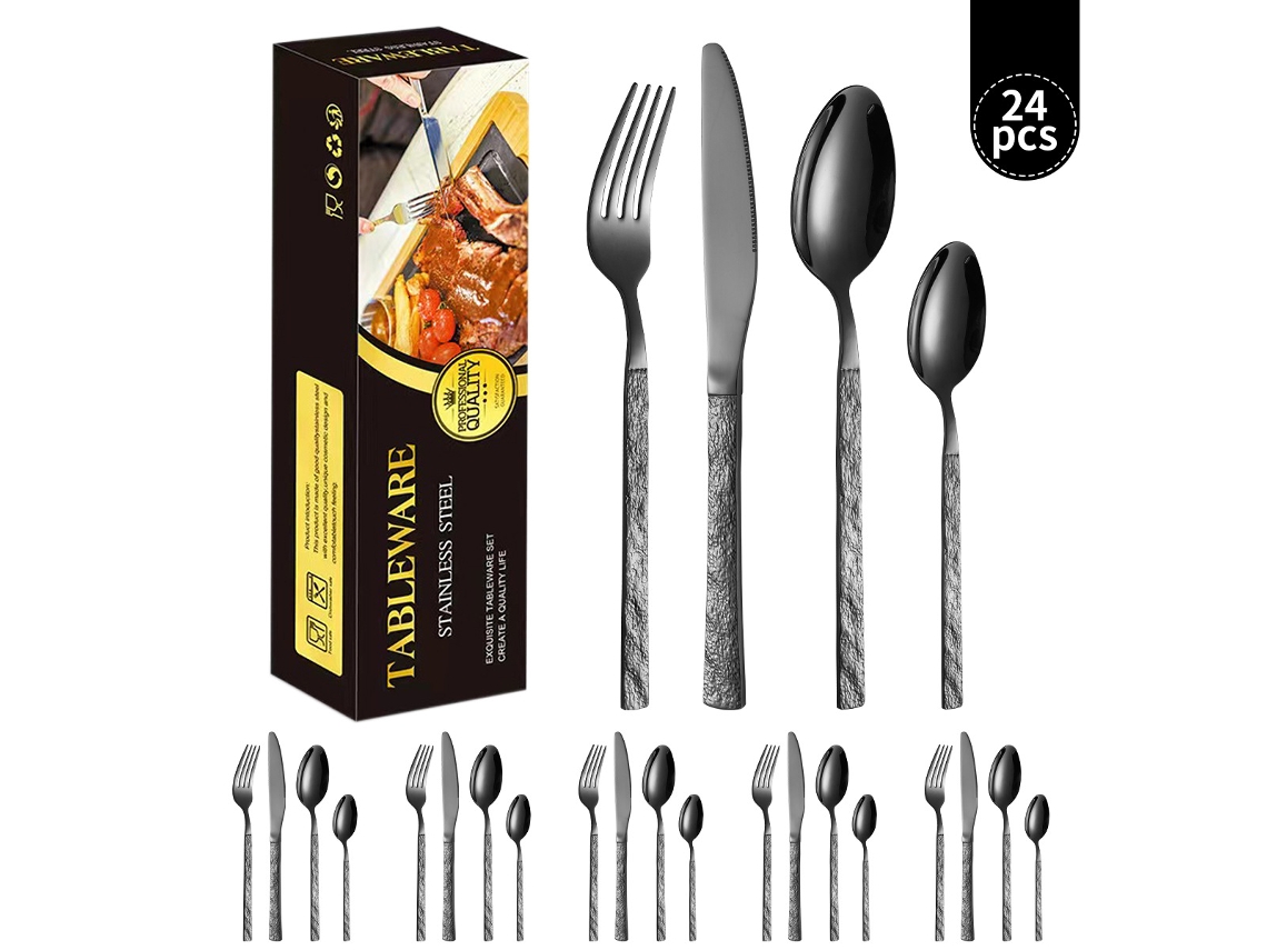 Juego de cubiertos Eifson de acero inoxidable de 24 piezas para 6 personas con diseño de piedra, apto para lavavajillas (negro)