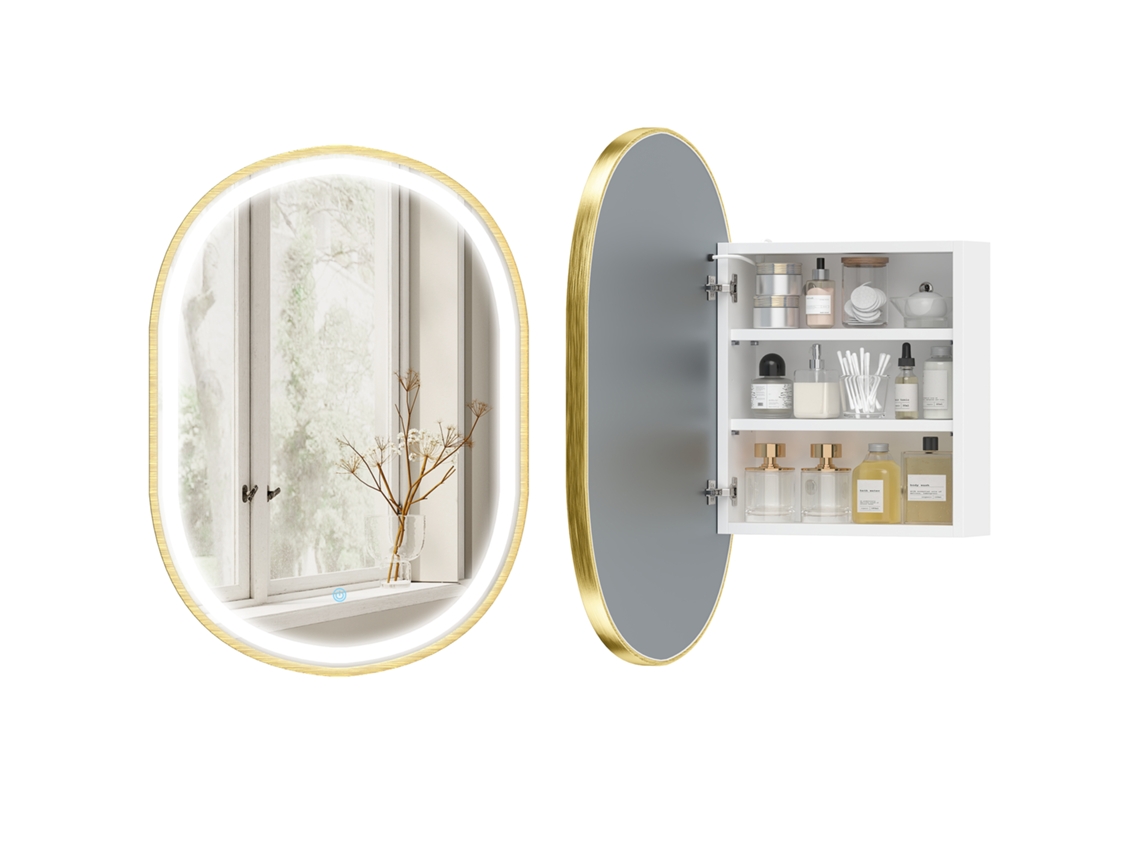 Armário Banheiro Espelho Led 3 Cores Oval Função Memória Antiembaçante Dourado