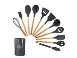 Conjunto de Utensílios de Cozinha 12 Peças Conjunto de Panelas Resistentes Ao Calor de Silicone com Cabo de Madeira-Cinza GERTIZ