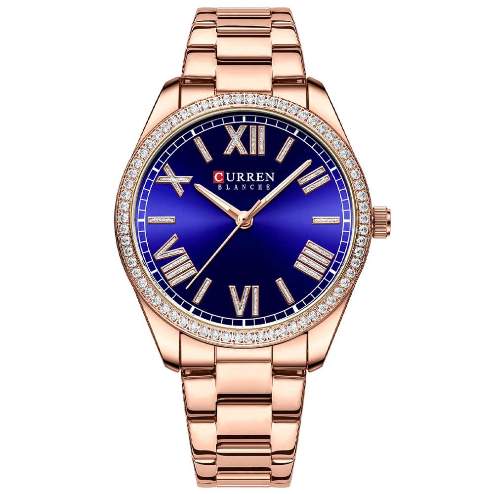 Relógio Feminino De Pulso (rosa Azul), Mostrador Cravejado De Diamantes, Ponteiros Luminosos Elegantes, Caixa Em Aço Inoxidável.