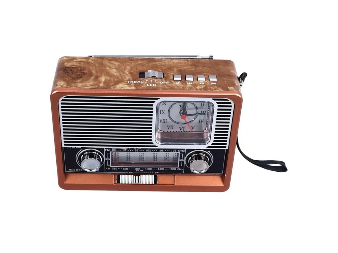 Radio portátil retro AM FM SW con linterna, reloj, altavoz Bluetooth, reproductor de MP3 USB, tarjeta TF, batería recargable y radio Yizhood