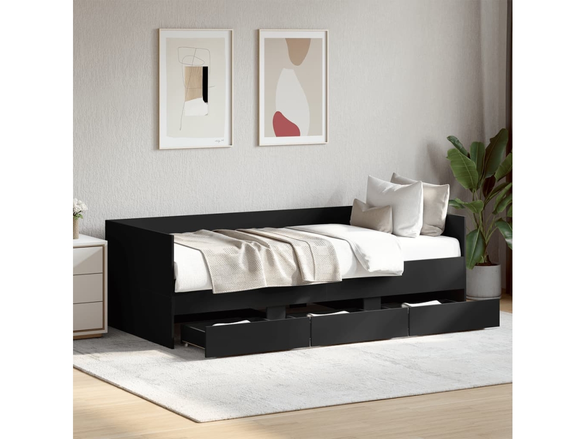Sofá Cama Individual Con Cajones Tumbona Letto Singolo Lovely Home Madera Negro (75x190)