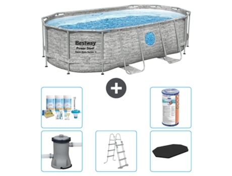 Piscina BESTWAY Oval Power Steel Swim Vista - Estampado Piedra - 427 x 250 x 100 - Incluye Bomba - Escalera - Cobertor Accesorios CB29
