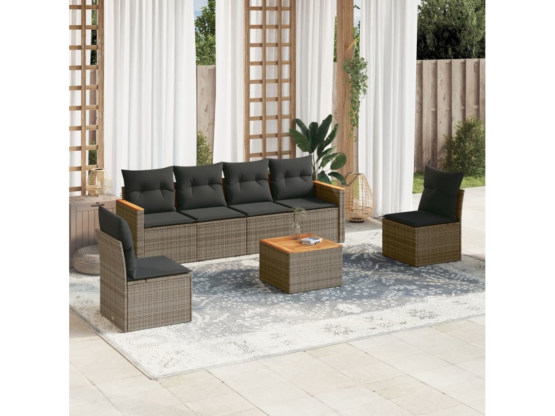 Conjunto de sofá de jardín de 7 piezas con cojines, mimbre gris, DKD Home Decor
