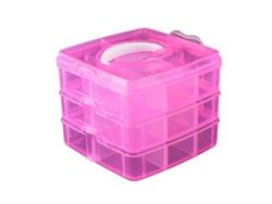 Caja de almacenamiento portátil de plástico de 3 niveles, organizador rosa para maquillaje y joyas.