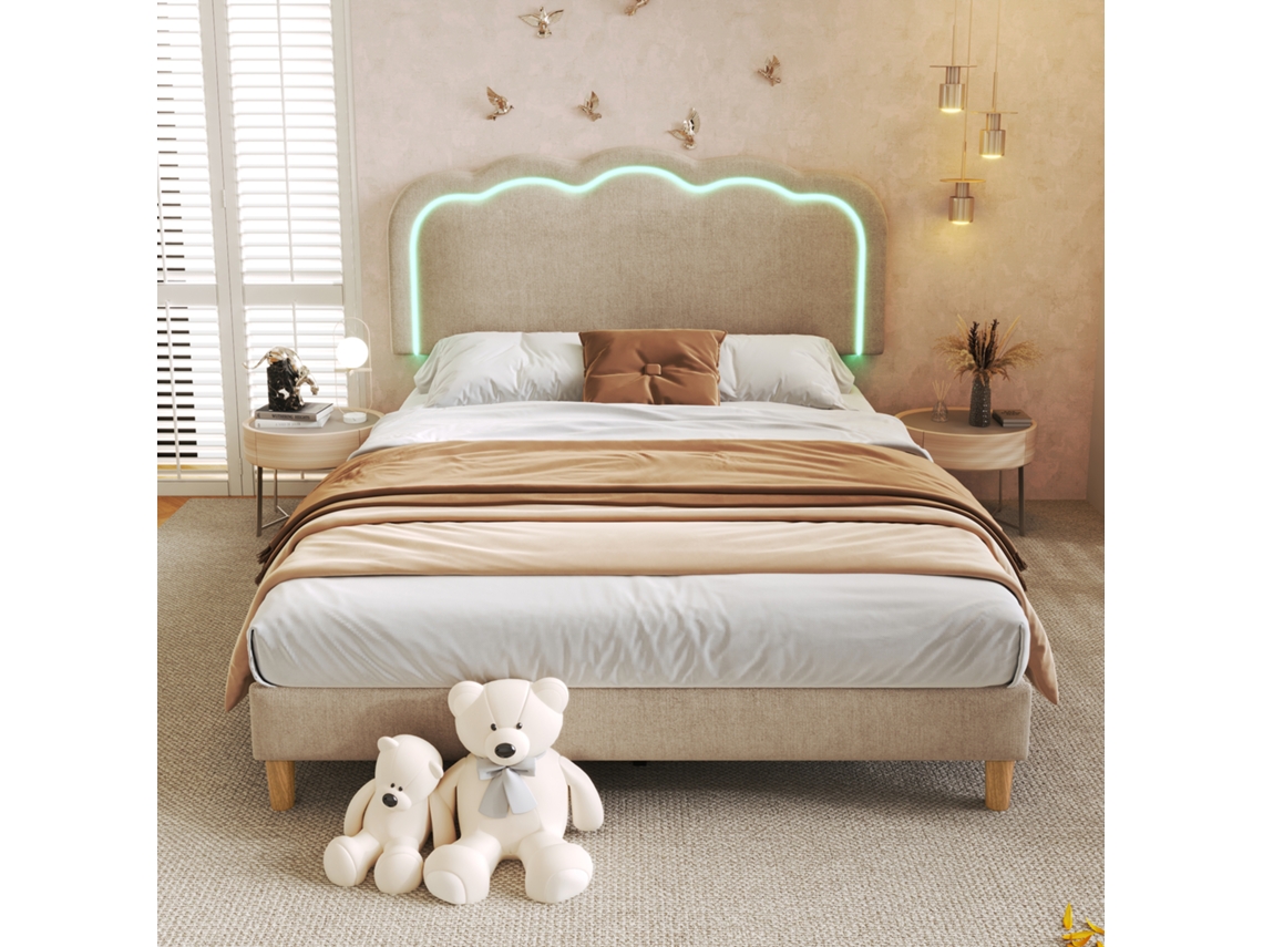 Cama 140x200 Cm Tapizada En Lino - Con Led Y Somier De Láminas - Beige