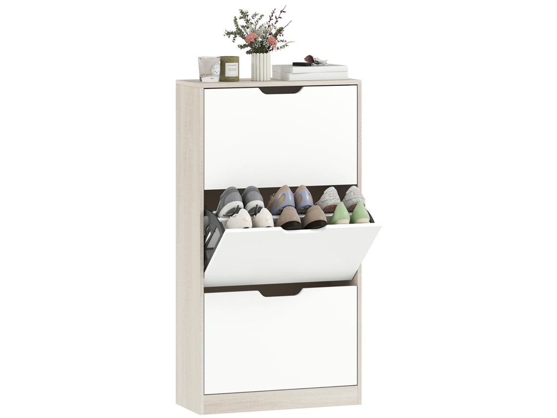 Armario De 3 Puertas Con Capacidad Para 18 Pares De Zapatos, En Tonos Roble Y Blanco.