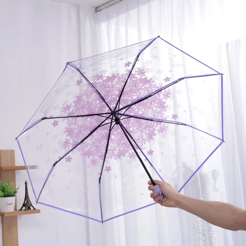 (morado) Un Paraguas Transparente Con Forma De Flor De Cerezo, Diseño Plegable De Tres Secciones, Bonito Y Compacto, Hermoso Y Refrescante.